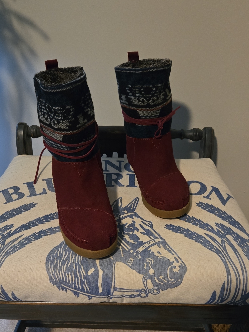 Toms Women's Burgundy Red Suede Winter Boots with Patterned Knit Cuff